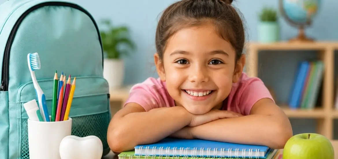 Smiling child with a backpack, school supplies, toothbrush, tooth model, and apple ready for the new school year.