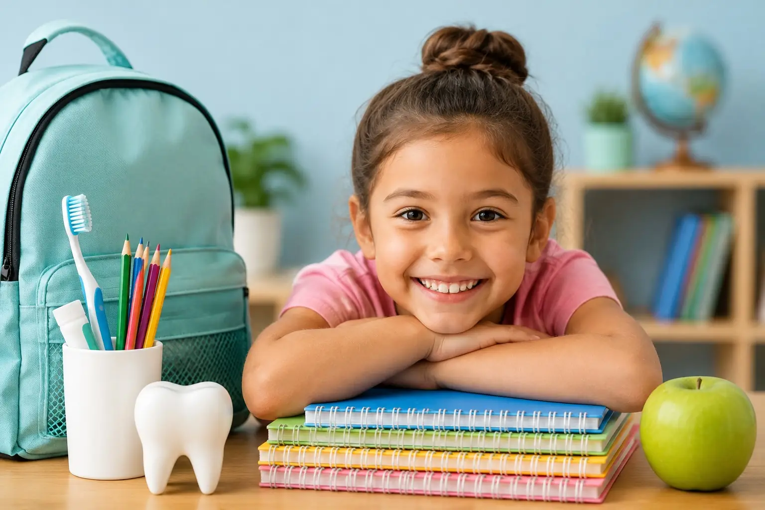 Smiling child with a backpack, school supplies, toothbrush, tooth model, and apple ready for the new school year.